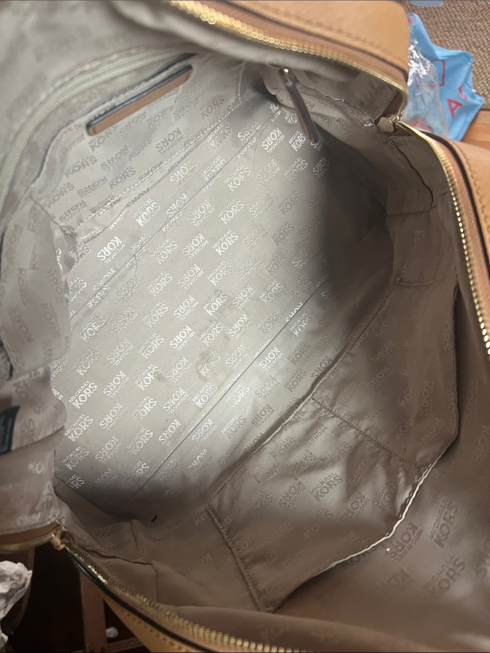 Michael Kors Brown Monogram Satchel with Tan Trim and Studs - Picture 2 of 5